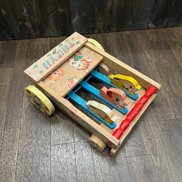 昭和レトロ 子供用 木製 手押し車 猫柄　折り畳みの画像