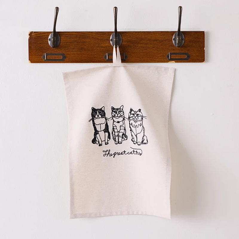 ＋HAyU 刺繡ふきん キャットトリオ 麻55％ 綿45％ 小川学 ワイヤーアートの画像
