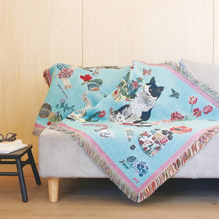 Nathalie Lete　ナタリーレテ 3匹の猫とお花柄のタペストリーラグ スローケット Cats-Mint greenの画像