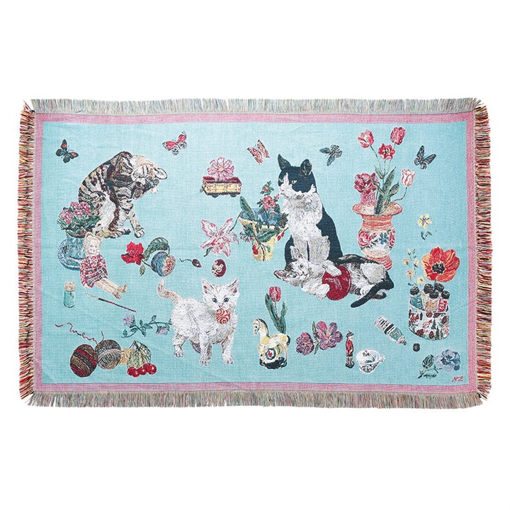 Nathalie Lete　ナタリーレテ 3匹の猫とお花柄のタペストリーラグ スローケット Cats-Mint greenの画像