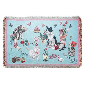 Nathalie Lete　ナタリーレテ 3匹の猫とお花柄のタペストリーラグ スローケット Cats-Mint greenの画像