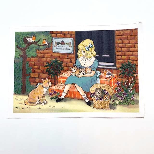 Yanaka Red House Button Galleryオリジナル猫のイラストパネル生地「少女と猫たち」の画像