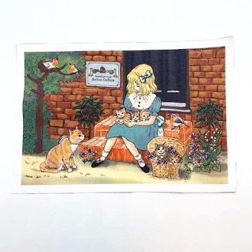 Yanaka Red House Button Galleryオリジナル猫のイラストパネル生地「少女と猫たち」の画像