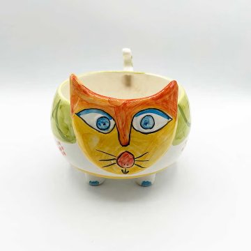 ヴィンテージ カラフル猫の植木鉢　フラワーポット　小物入れ　イタリア De Simone?の画像