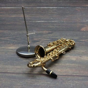 ミニチュア楽器 1/6スケール バリトン サックス ゴールド 専用ケース＆スタンド付き の画像