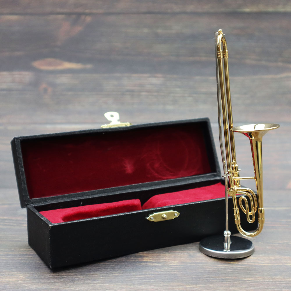 ミニチュア楽器 1/6スケール トロンボーン ゴールド 専用ケース＆スタンド付き の画像