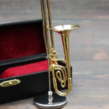 ミニチュア楽器 1/6スケール トロンボーン ゴールド 専用ケース＆スタンド付き の画像